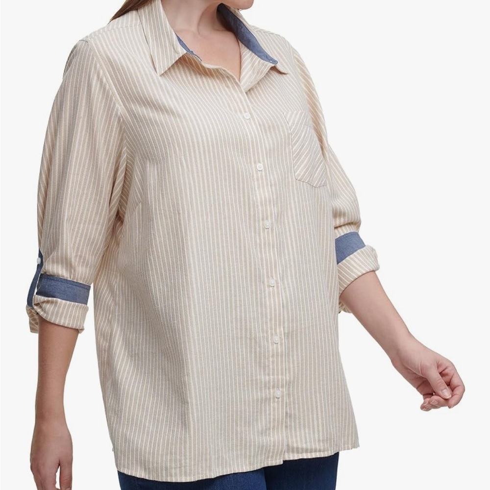 Tommy Hilfiger Womens Stripe Plus Roll Tab Top T ShirtButton Down Shirt 2X